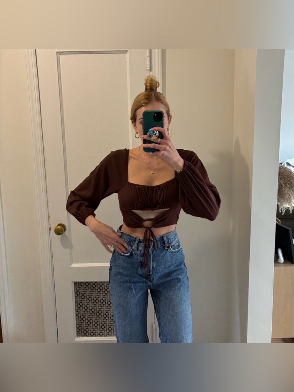 NWT Forever 21 brown front tie crop top blouse size small